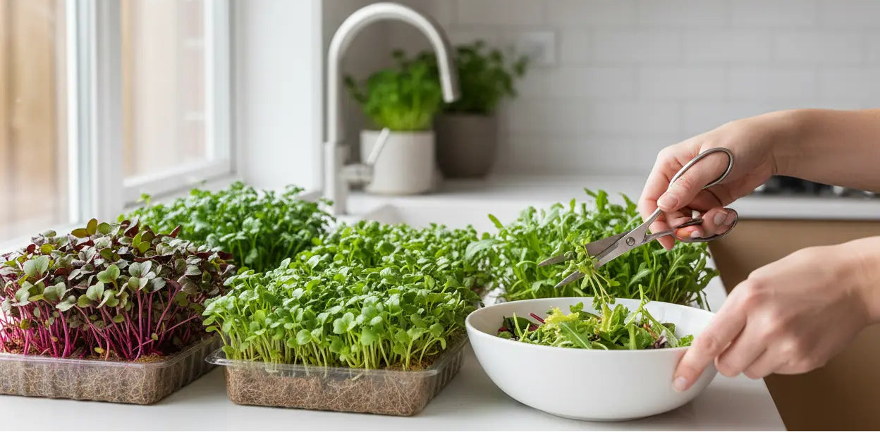 fast growing microgreens like radish broccoli and mustard being harvested indoors from tray on kitchen counter
