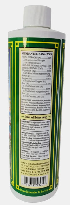 Fox Farm Grow Big liquid fertilizer label showing NPK 6-4-4 and nutrient information for hydroponic and soil use