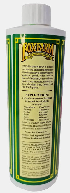 Fox Farm Grow Big hydroponic fertilizer instructions showing dosage for nutrient solution and plant feeding