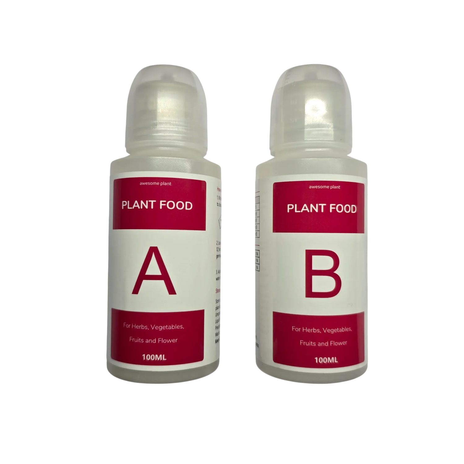 Awesome Plant Food A and B hydroponic nutrient concentrate, two 100ml bottles side by side
