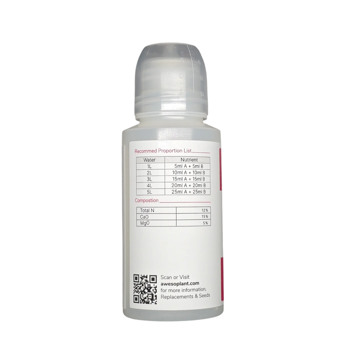 Awesome Plant Food B bottle label showing dosing chart and composition: Total N 12%, CaO 15%, MgO 5%
