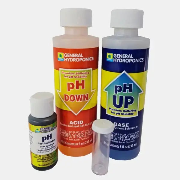hydroponic pH control kit with pH up and pH down solutions for balancing nutrient solution in hydroponic systems
