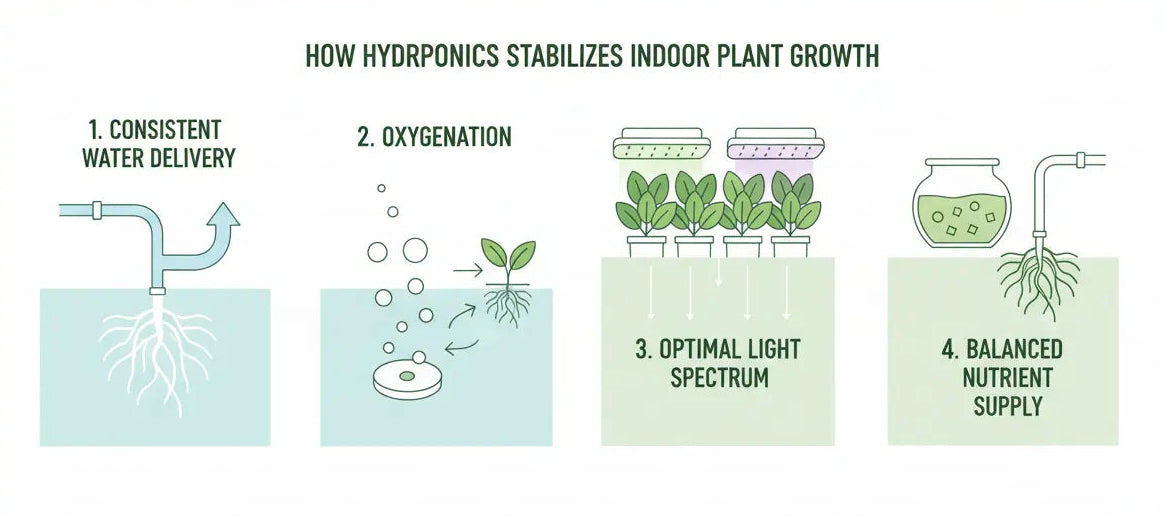 Infographic explaining how hydroponic systems stabilize indoor plant growth through oxygenated roots, direct water delivery, LED lighting, and balanced nutrients