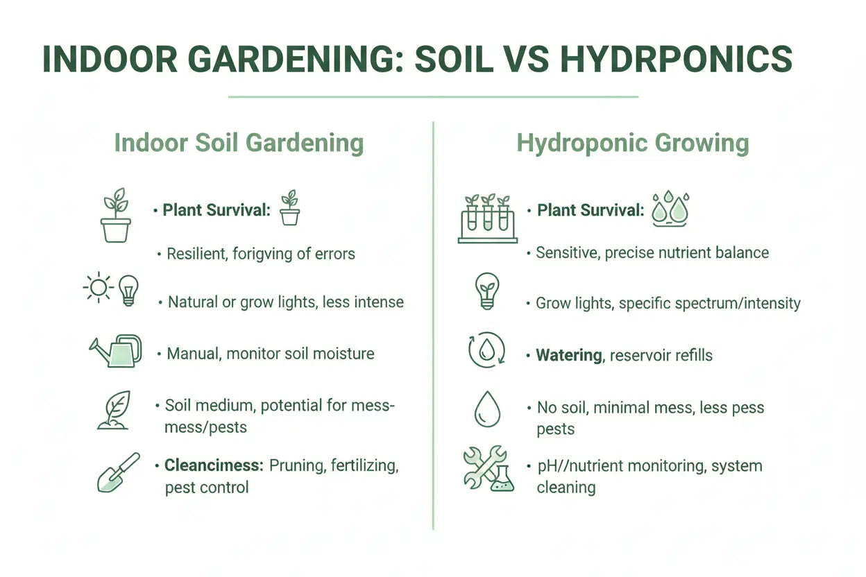 Infographic comparing indoor soil gardening and hydroponic growing systems for plant survival lighting watering cleanliness and maintenance