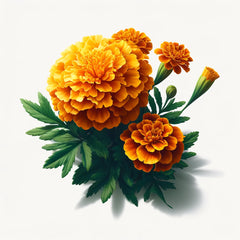 An illustration of vibrant orange marigold flowers with green leaves.