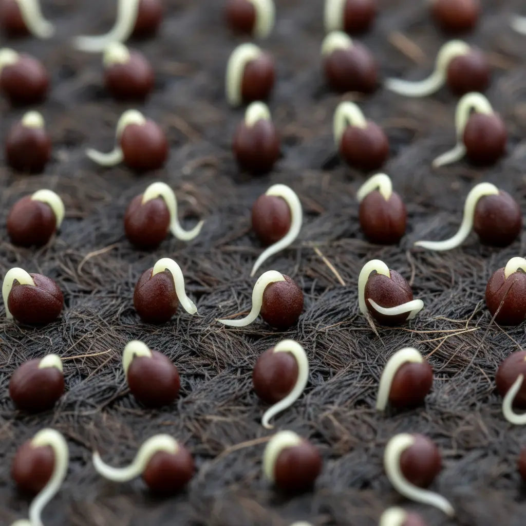 Close-up of broccoli microgreens germinating on a grow mat showing early root and stem emergence.
