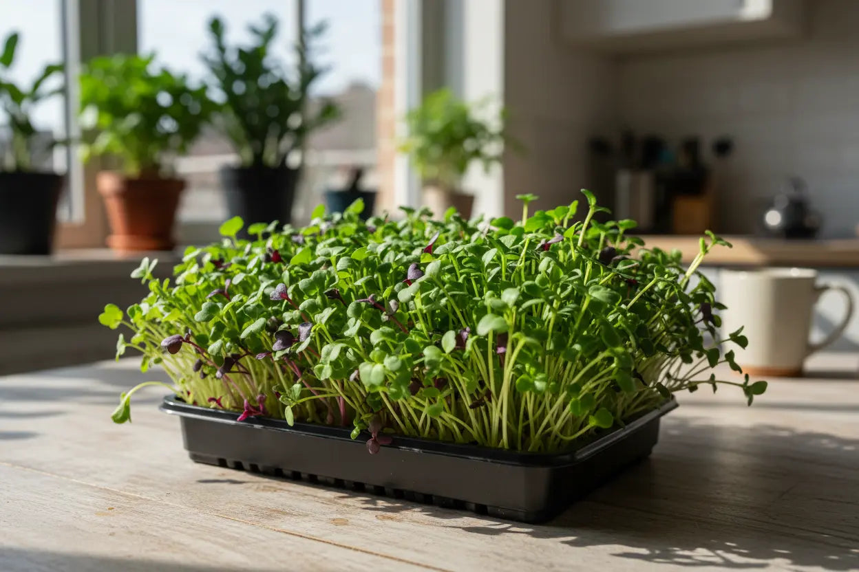 fresh microgreens growing in an indoor microgreens starter kit tray ready for harvest