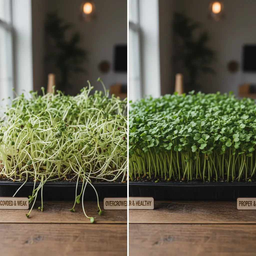 comparison of overcrowded microgreens tray with thin stems and evenly spaced healthy microgreens growing indoors