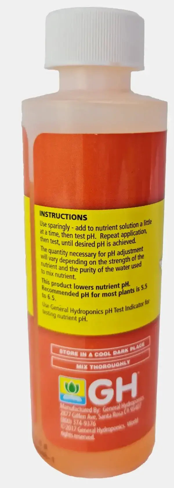 pH down solution instructions showing how to lower pH levels in hydroponic nutrient solution