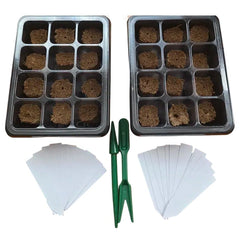 Two seedling trays with soil, two green trowels, and white labels on a white background