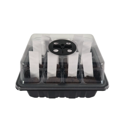 Seed starter tray with dome showing labeled grow cells and planting setup