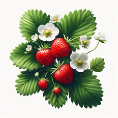A group of ripe strawberries with green leaves and white flowers.